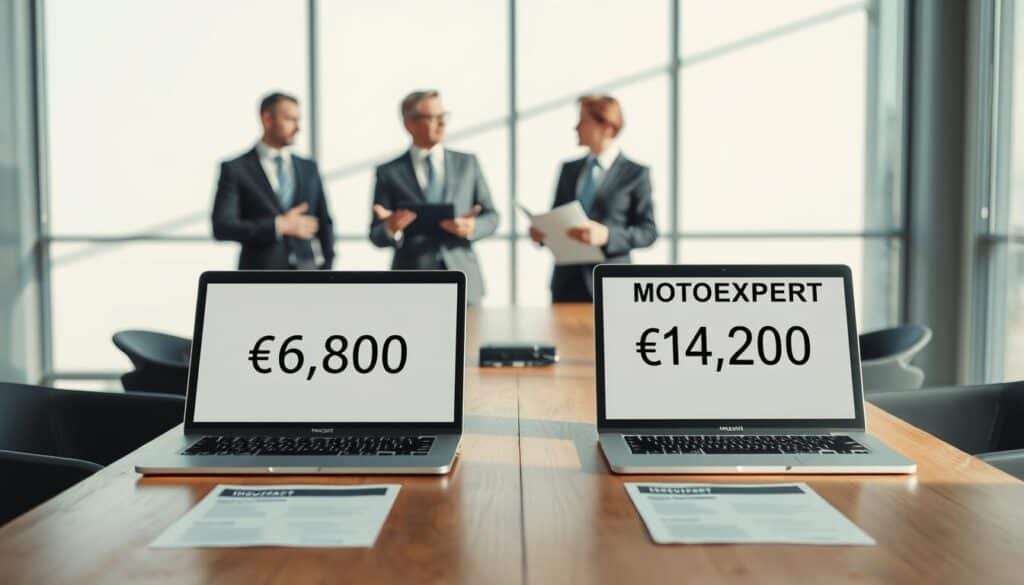 A professional business meeting scene illustrating a comparison between an insurance valuation and MOTOEXPERT. In the foreground, a wooden conference table displays two laptops and reports showcasing the figures: "€6,800" for the insurer and "€14,200" for MOTOEXPERT, highlighted visually. In the middle ground, two business professionals in smart attire engage in a discussion, one gesturing towards the reports. The background features a modern office setting with large windows allowing soft, natural light to fill the room, casting gentle shadows. The atmosphere is focused and analytical, conveying a sense of professionalism and clarity in the examination of the financial differences. The overall composition suggests a significant business decision-making moment. A professional business meeting scene illustrating a comparison between an insurance valuation and MOTOEXPERT. In the foreground, a wooden conference table displays two laptops and reports showcasing the figures: "€6,800" for the insurer and "€14,200" for MOTOEXPERT, highlighted visually. In the middle ground, two business professionals in smart attire engage in a discussion, one gesturing towards the reports. The background features a modern office setting with large windows allowing soft, natural light to fill the room, casting gentle shadows. The atmosphere is focused and analytical, conveying a sense of professionalism and clarity in the examination of the financial differences. The overall composition suggests a significant business decision-making moment.