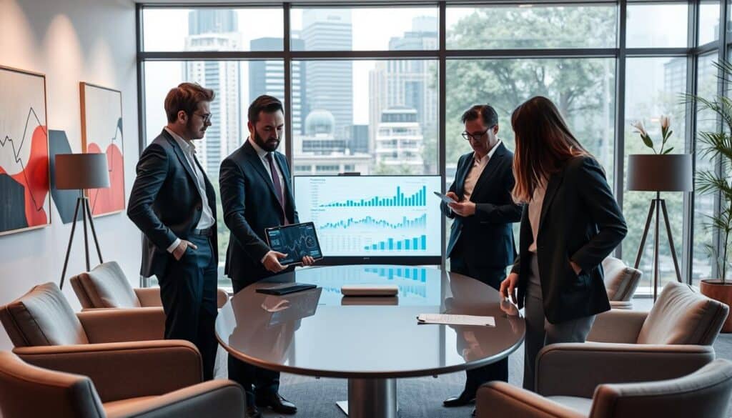 A professional business meeting set in a modern conference room, with a large window showcasing a bustling German cityscape. In the foreground, a diverse group of three professionals in business attire—one male and two females—are engaged in discussion over a digital tablet displaying financial data. The middle ground features a sleek, oval conference table surrounded by minimalistic furniture and a projector displaying analytics charts. Soft, natural lighting illuminates the room, creating a warm and inviting atmosphere. The background includes abstract art on the walls and greenery visible outside the window, hinting at a dynamic and innovative business environment. The overall mood conveys seriousness and collaboration as they analyze key metrics in the German market.