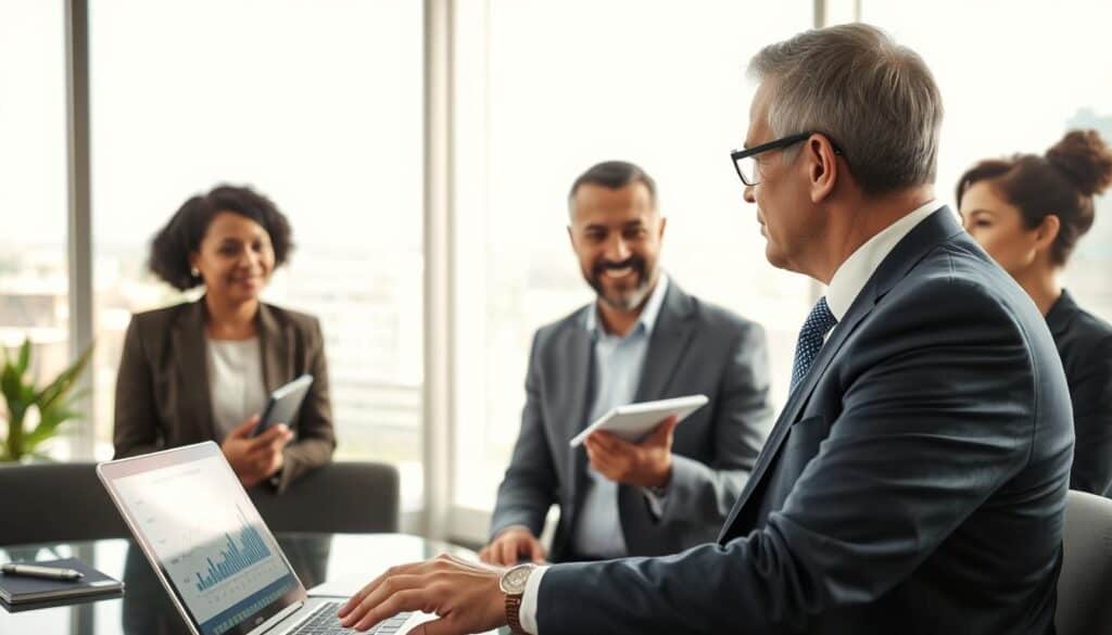 A professional business setting featuring a diverse group of clients and a financial advisor discussing recommendations. In the foreground, a middle-aged advisor in a sharp suit gestures towards a laptop screen displaying graphs and tables, indicating competitive insurance pricing. In the middle ground, a pair of clients, a man and a woman in business attire, listen attentively, nodding and taking notes. The background shows a bright, modern office with large windows revealing a cityscape, soft natural lighting illuminating the scene. The atmosphere is focused and optimistic, conveying a sense of professionalism and trust. The overall composition should evoke a feeling of informed decision-making and collaboration in financial planning.