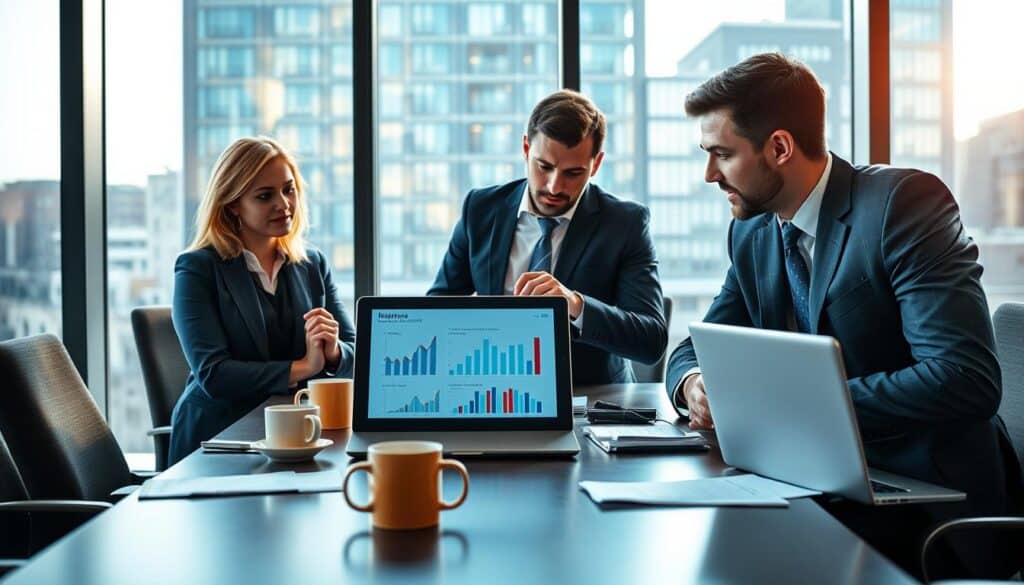 A professional business setting showcasing a meeting between German insurance experts. In the foreground, a diverse group of three professionals in business attire, including a woman and two men, are discussing a digital tablet displaying graphs and data analytics related to insurance valuation. In the middle, a sleek conference table is adorned with a laptop, financial reports, and coffee mugs, symbolizing a collaborative environment. The background features a large window overlooking a modern German cityscape, with glass buildings reflecting the soft afternoon sunlight. The overall atmosphere is focused, with dynamic lighting highlighting the professionals' engaged expressions, creating a mood of analytical discussion and strategic planning, perfect for illustrating insights from the German market. A professional business setting showcasing a meeting between German insurance experts. In the foreground, a diverse group of three professionals in business attire, including a woman and two men, are discussing a digital tablet displaying graphs and data analytics related to insurance valuation. In the middle, a sleek conference table is adorned with a laptop, financial reports, and coffee mugs, symbolizing a collaborative environment. The background features a large window overlooking a modern German cityscape, with glass buildings reflecting the soft afternoon sunlight. The overall atmosphere is focused, with dynamic lighting highlighting the professionals' engaged expressions, creating a mood of analytical discussion and strategic planning, perfect for illustrating insights from the German market.