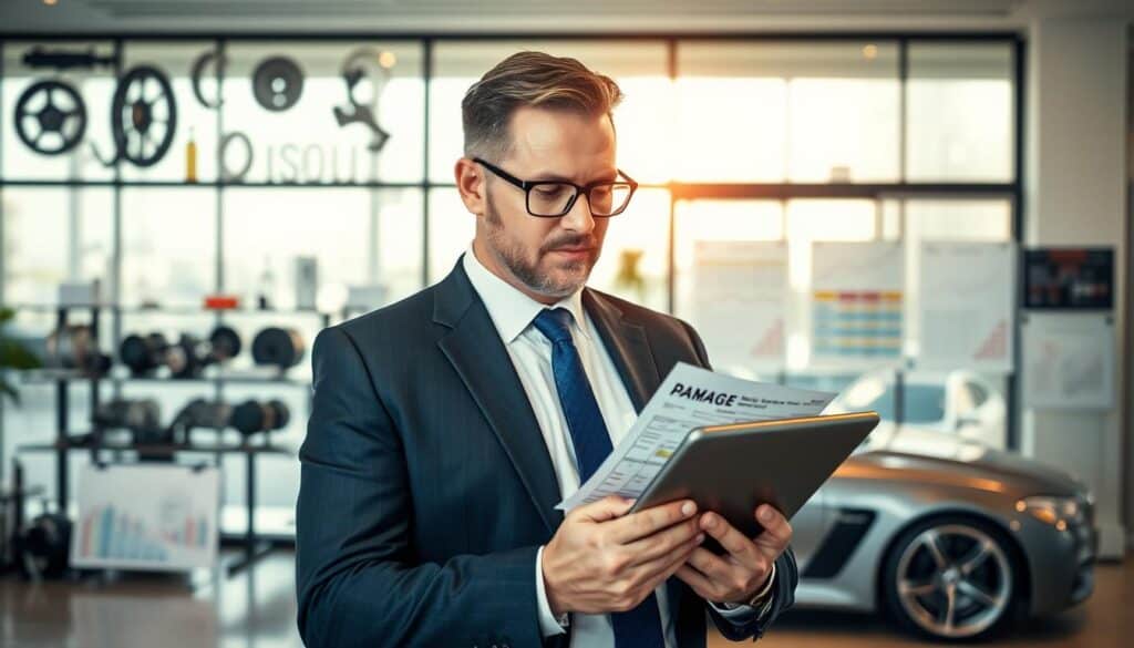 A professional car appraiser, dressed in a sharp business suit, stands confidently in a modern office environment. In the foreground, he examines a detailed damage report on a sleek, high-tech tablet, showcasing his expertise in vehicle valuation. The middle layer features a large window behind him, allowing natural light to flood in, illuminating a collection of car parts and valuation charts displayed on the office walls. In the background, a luxury car is visible through the glass, symbolizing the subject of his appraisal work. The scene evokes a mood of professionalism and diligence, with soft, warm lighting enhancing the inviting atmosphere, captured from a slightly elevated angle to provide depth and context to the appraisal process.