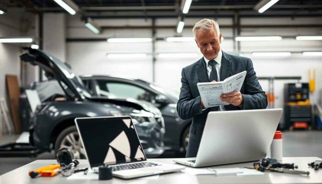 A professional evaluation scene depicting a vehicle damage assessment process. In the foreground, a well-dressed vehicle appraiser, a middle-aged man in a business suit, examines a damaged car with a detailed damage report notepad in hand. The damaged vehicle, which shows visible dents and scratches, is parked in a well-lit, organized workshop. In the middle ground, a laptop displaying analyzing software is open on a table, with vehicle parts and tools scattered around. The background features bright fluorescent lighting, enhancing the atmosphere of professionalism and precision. The scene captures a serious yet focused mood, emphasizing the importance of accurate vehicle valuation. The image should demonstrate clarity and vivid detail, including reflections on the car's surface and realistic textures. A professional evaluation scene depicting a vehicle damage assessment process. In the foreground, a well-dressed vehicle appraiser, a middle-aged man in a business suit, examines a damaged car with a detailed damage report notepad in hand. The damaged vehicle, which shows visible dents and scratches, is parked in a well-lit, organized workshop. In the middle ground, a laptop displaying analyzing software is open on a table, with vehicle parts and tools scattered around. The background features bright fluorescent lighting, enhancing the atmosphere of professionalism and precision. The scene captures a serious yet focused mood, emphasizing the importance of accurate vehicle valuation. The image should demonstrate clarity and vivid detail, including reflections on the car's surface and realistic textures.