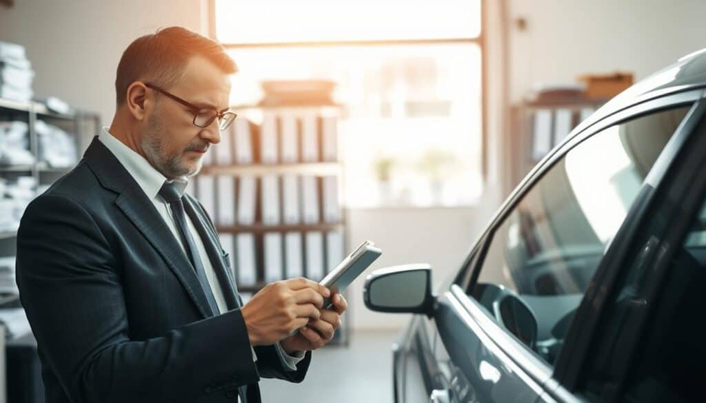 A professional, expert appraiser examining a damaged vehicle in an office setting. In the foreground, a focused appraiser in business attire, using a tablet to assess the vehicle's condition. In the middle, a slightly damaged car is parked, with visible assessments highlighted, like scratches and dents, emphasizing the valuation process. In the background, shelves filled with paperwork and insurance documents, a bright light source from a large window illuminating the scene, creating a sense of transparency and professionalism. The atmosphere is serious yet reassuring, symbolizing trust in the appraisal process. The image should convey the importance of expert evaluation in vehicle assessments without any text or distractions. A professional, expert appraiser examining a damaged vehicle in an office setting. In the foreground, a focused appraiser in business attire, using a tablet to assess the vehicle's condition. In the middle, a slightly damaged car is parked, with visible assessments highlighted, like scratches and dents, emphasizing the valuation process. In the background, shelves filled with paperwork and insurance documents, a bright light source from a large window illuminating the scene, creating a sense of transparency and professionalism. The atmosphere is serious yet reassuring, symbolizing trust in the appraisal process. The image should convey the importance of expert evaluation in vehicle assessments without any text or distractions.