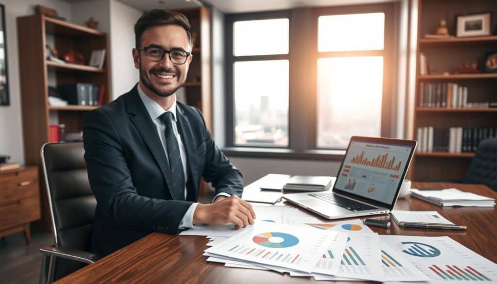 A professional financial analyst in business attire, seated at a sleek wooden desk covered with various documents, charts, and graphs related to insurance valuations. In the foreground, focus on a detailed spread of colorful pie charts and numerical data presented on a laptop screen. In the middle ground, a large window reveals a cityscape bathed in soft, natural light, creating an optimistic and professional atmosphere. The background features shelves filled with books and accolades, emphasizing expertise in the field. The overall mood is analytical and focused, conveying the importance of accurate insurance assessment, while maintaining a polished and engaging appearance. A professional financial analyst in business attire, seated at a sleek wooden desk covered with various documents, charts, and graphs related to insurance valuations. In the foreground, focus on a detailed spread of colorful pie charts and numerical data presented on a laptop screen. In the middle ground, a large window reveals a cityscape bathed in soft, natural light, creating an optimistic and professional atmosphere. The background features shelves filled with books and accolades, emphasizing expertise in the field. The overall mood is analytical and focused, conveying the importance of accurate insurance assessment, while maintaining a polished and engaging appearance.