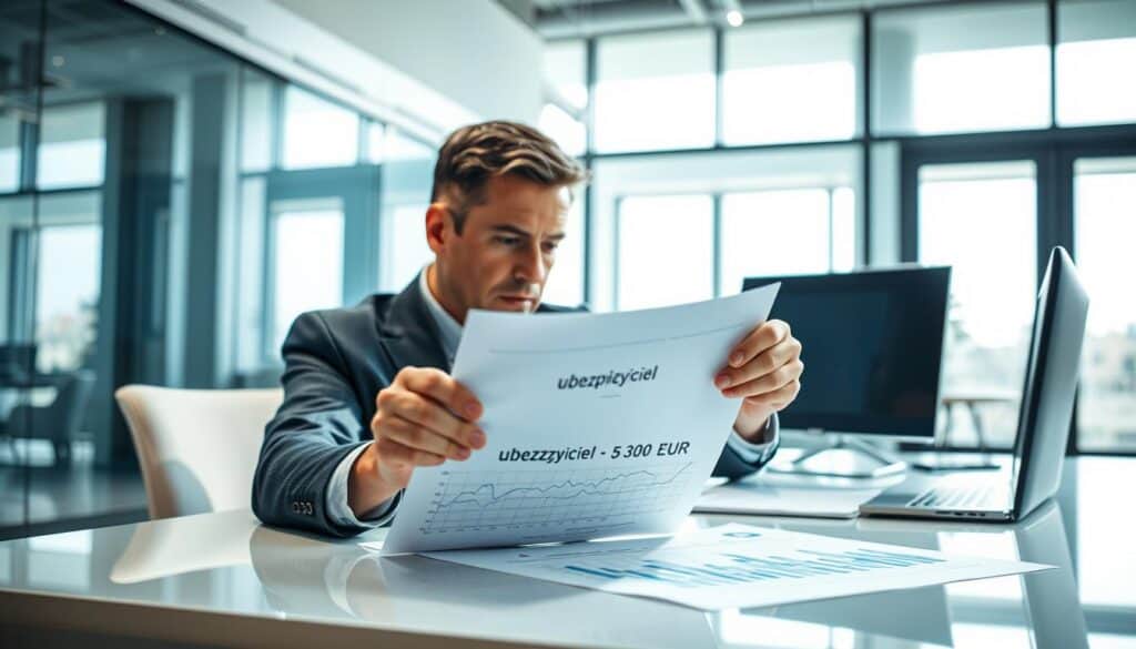 A professional financial analyst sitting at a sleek, modern desk, examining a document titled "ubezpieczyciel 5 300 EUR" under bright, soft lighting. The foreground features the analyst, a middle-aged Caucasian man in business attire, pensively studying the document. In the middle ground, charts and graphs relating to insurance valuations are neatly arranged on the desk, conveying a sense of analysis and evaluation. The background showcases a contemporary office with glass walls, bright natural light streaming in from large windows, creating an open and airy atmosphere. The color palette is calm, with blues and whites dominating, reflecting a professional mood. The lens captures a focused angle, emphasizing the document and its importance in the analysis without text or overlays. A professional financial analyst sitting at a sleek, modern desk, examining a document titled "ubezpieczyciel 5 300 EUR" under bright, soft lighting. The foreground features the analyst, a middle-aged Caucasian man in business attire, pensively studying the document. In the middle ground, charts and graphs relating to insurance valuations are neatly arranged on the desk, conveying a sense of analysis and evaluation. The background showcases a contemporary office with glass walls, bright natural light streaming in from large windows, creating an open and airy atmosphere. The color palette is calm, with blues and whites dominating, reflecting a professional mood. The lens captures a focused angle, emphasizing the document and its importance in the analysis without text or overlays.