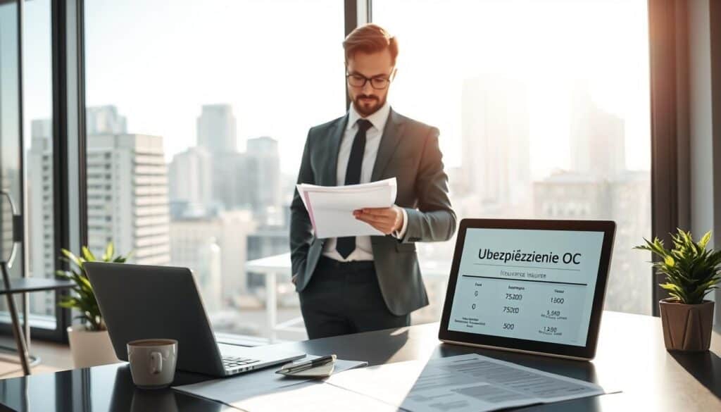 A professional insurance advisor standing in a modern office setting, reviewing a document titled "Ubezpieczenie OC" with a laptop open on a desk. In the foreground, the advisor, dressed in business attire, is focused and engaged. The middle ground features a sleek desk with insurance paperwork, a cup of coffee, and a plant for a touch of greenery. The background displays a large window with cityscape views and natural sunlight pouring in, creating a bright and optimistic atmosphere. The overall mood is professional, emphasizing the analytical nature of the insurance industry. The image captures the essence of evaluating insurance offers, specifically a detailed comparison of 7,500 EUR coverage options. A professional insurance advisor standing in a modern office setting, reviewing a document titled "Ubezpieczenie OC" with a laptop open on a desk. In the foreground, the advisor, dressed in business attire, is focused and engaged. The middle ground features a sleek desk with insurance paperwork, a cup of coffee, and a plant for a touch of greenery. The background displays a large window with cityscape views and natural sunlight pouring in, creating a bright and optimistic atmosphere. The overall mood is professional, emphasizing the analytical nature of the insurance industry. The image captures the essence of evaluating insurance offers, specifically a detailed comparison of 7,500 EUR coverage options.