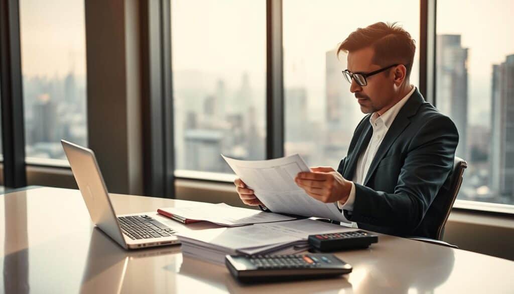 A professional insurance appraiser examining a detailed report, sitting at a sleek office desk. The foreground features a focused individual in a sharp business suit, reviewing documents and making calculations on a high-end laptop. In the middle, stacks of files and a modern calculator accompany the appraiser, suggesting a thorough evaluation process. The background contains a large window revealing a city skyline, casting soft afternoon light into the room, highlighting the seriousness of the appraisal task. The atmosphere is professional, conveying an air of diligence and decision-making importance related to insurance valuations. The overall color tones are warm and inviting, enhancing the sense of a productive work environment.