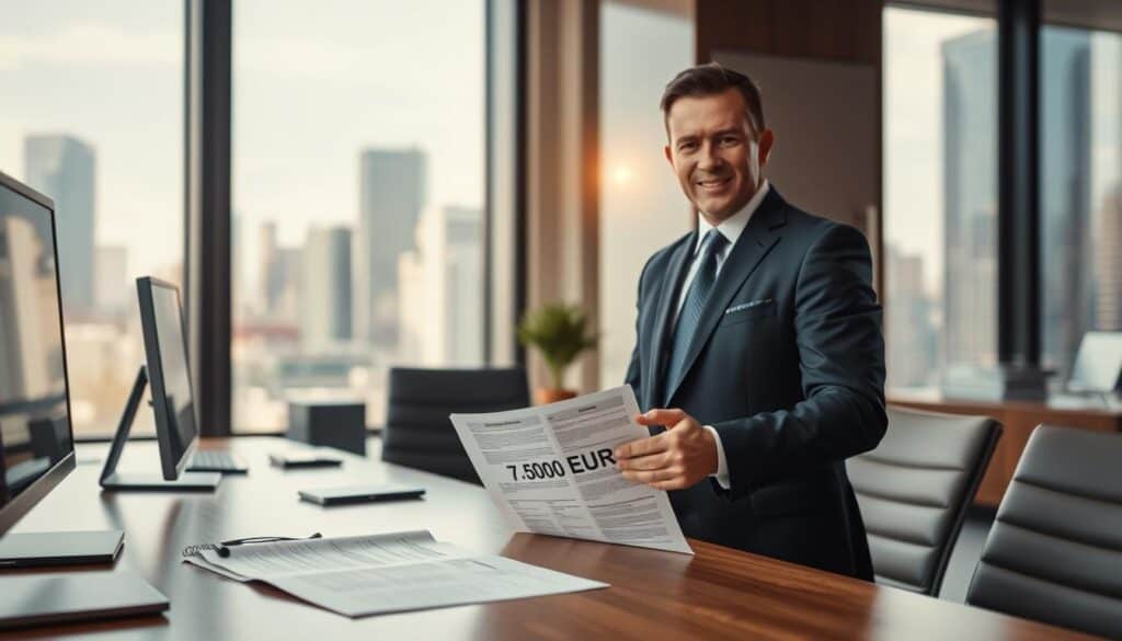 A professional insurance broker in a smart business suit stands confidently in an elegant office environment, discussing a financial document labeled "7,500 EUR." In the foreground, the broker gestures towards a detailed report laid out on a sleek wooden desk, surrounded by modern office equipment. The middle of the image features a large window with natural light streaming in, illuminating the scene and creating a warm atmosphere. In the background, blurred city skyline views are visible, adding context to the professional setting. The overall mood conveys competence and assurance, emphasizing the essence of evaluating insurance options. Focus on clarity and professionalism, with balanced lighting to enhance the subject’s features.