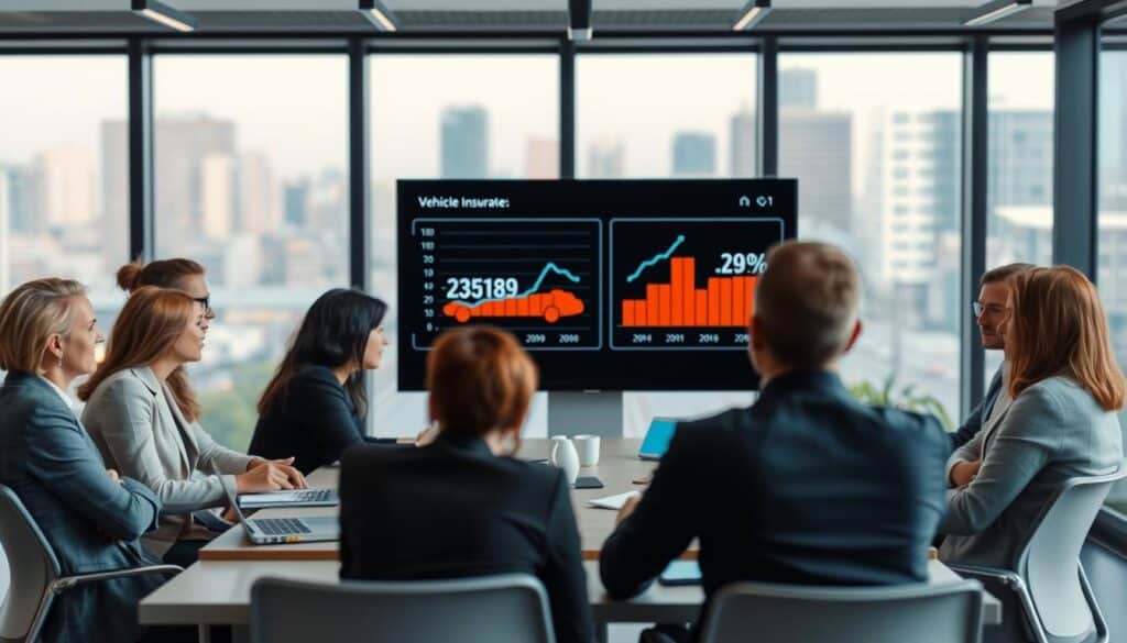 A professional insurance meeting scene in Germany, showcasing vehicle insurance trends. In the foreground, a diverse group of individuals in business attire, engaged in a serious discussion around a conference table, with laptops and documents visible. In the middle ground, a digital screen displaying graphs and statistics related to vehicle insurance rates, illustrating a comparison between two figures. The background features a modern office with large windows revealing a cityscape, symbolizing the dynamic insurance market. Soft, natural lighting creates an inviting and professional atmosphere, while a slight depth of field effect draws focus to the participants. The overall mood is one of collaboration and analysis, emphasizing the importance of insurance trends in the automotive industry. A professional insurance meeting scene in Germany, showcasing vehicle insurance trends. In the foreground, a diverse group of individuals in business attire, engaged in a serious discussion around a conference table, with laptops and documents visible. In the middle ground, a digital screen displaying graphs and statistics related to vehicle insurance rates, illustrating a comparison between two figures. The background features a modern office with large windows revealing a cityscape, symbolizing the dynamic insurance market. Soft, natural lighting creates an inviting and professional atmosphere, while a slight depth of field effect draws focus to the participants. The overall mood is one of collaboration and analysis, emphasizing the importance of insurance trends in the automotive industry.