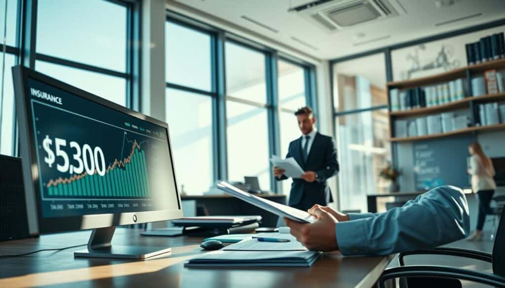 A professional insurance office interior, showcasing a detailed desk with a sleek computer displaying a financial chart highlighting "5,300 EUR". In the foreground, a business person in smart attire examines documents, indicating analysis of insurance valuations. The middle ground features shelves lined with insurance policy brochures and reference books, emphasizing expertise. In the background, large windows allow natural light to flood the space, creating an upbeat and transparent atmosphere. Soft shadows add depth to the scene, conveying a feeling of professionalism and clarity. The angle should be slightly elevated, capturing both the person and the desk prominently, while maintaining an inviting environment. A professional insurance office interior, showcasing a detailed desk with a sleek computer displaying a financial chart highlighting "5,300 EUR". In the foreground, a business person in smart attire examines documents, indicating analysis of insurance valuations. The middle ground features shelves lined with insurance policy brochures and reference books, emphasizing expertise. In the background, large windows allow natural light to flood the space, creating an upbeat and transparent atmosphere. Soft shadows add depth to the scene, conveying a feeling of professionalism and clarity. The angle should be slightly elevated, capturing both the person and the desk prominently, while maintaining an inviting environment.