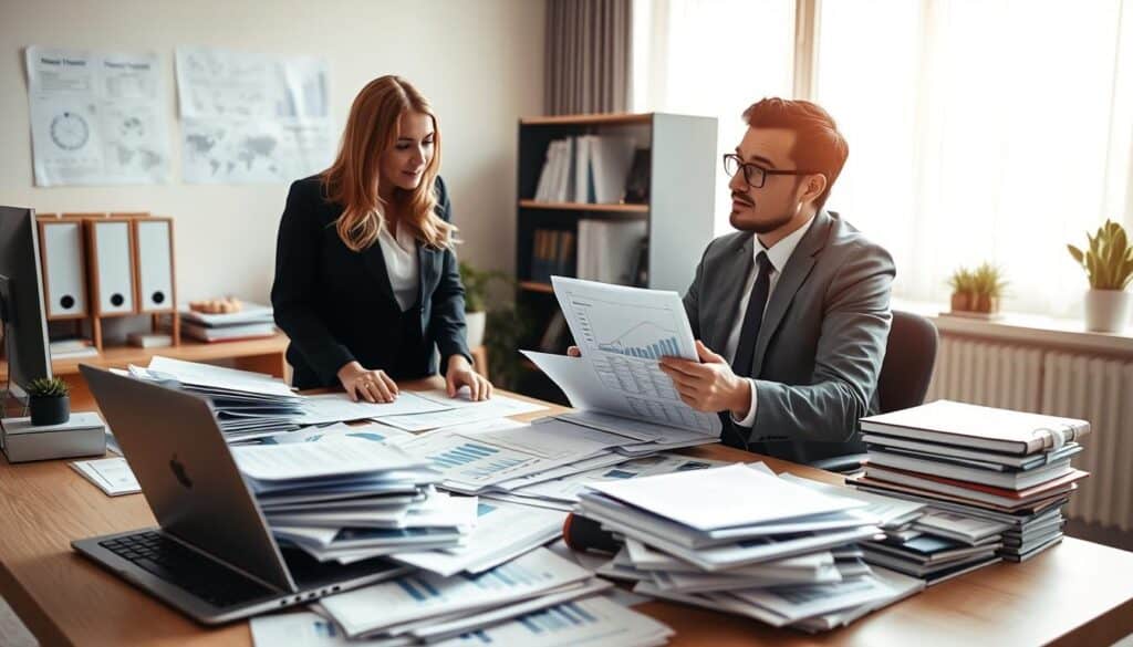A professional insurance office setting depicted in a bright, modern style, featuring a well-organized desk piled with paperwork, insurance reports, and a laptop displaying graphs. In the foreground, two business professionals—a woman and a man—are engaged in discussion, both dressed in professional attire. The woman points at a document, while the man looks thoughtfully at his notes. In the background, a large window allows natural light to spill into the room, casting soft shadows. The overall atmosphere conveys seriousness and collaboration, highlighting the analytical nature of insurance evaluation. The composition should focus on the professionals, with the chaotic desk reflecting the focus on the financial analysis. Use a warm color palette to evoke trust and professionalism, with soft diffused lighting to enhance clarity. A professional insurance office setting depicted in a bright, modern style, featuring a well-organized desk piled with paperwork, insurance reports, and a laptop displaying graphs. In the foreground, two business professionals—a woman and a man—are engaged in discussion, both dressed in professional attire. The woman points at a document, while the man looks thoughtfully at his notes. In the background, a large window allows natural light to spill into the room, casting soft shadows. The overall atmosphere conveys seriousness and collaboration, highlighting the analytical nature of insurance evaluation. The composition should focus on the professionals, with the chaotic desk reflecting the focus on the financial analysis. Use a warm color palette to evoke trust and professionalism, with soft diffused lighting to enhance clarity.