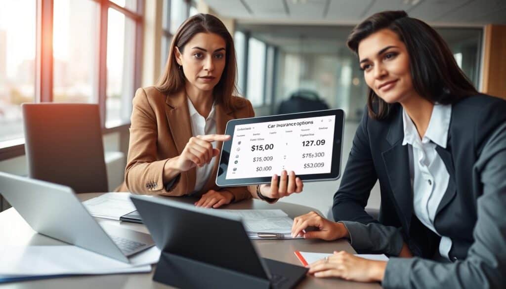 A professional meeting scene illustrating car insurance, showcasing a diverse group of three individuals in business attire discussing an auto insurance evaluation. In the foreground, a focused middle-aged woman points at a digital tablet displaying insurance figures. The middle ground features a modern conference table cluttered with documents, a laptop, and a brochure labeled "Car Insurance Options." The background shows large windows with city views, letting in soft, natural light that creates a bright and optimistic atmosphere. The camera angle is slightly above eye level, capturing the engaged expressions of the participants, emphasizing the importance of understanding diverse insurance values. The mood is serious yet collaborative, highlighting the significance of effective communication in insurance decisions. A professional meeting scene illustrating car insurance, showcasing a diverse group of three individuals in business attire discussing an auto insurance evaluation. In the foreground, a focused middle-aged woman points at a digital tablet displaying insurance figures. The middle ground features a modern conference table cluttered with documents, a laptop, and a brochure labeled "Car Insurance Options." The background shows large windows with city views, letting in soft, natural light that creates a bright and optimistic atmosphere. The camera angle is slightly above eye level, capturing the engaged expressions of the participants, emphasizing the importance of understanding diverse insurance values. The mood is serious yet collaborative, highlighting the significance of effective communication in insurance decisions.
