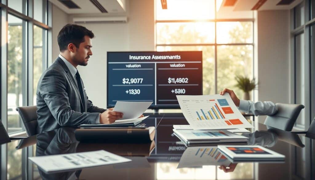 A professional meeting setting where insurance evaluators are discussing damage assessment methods. In the foreground, two business professionals in formal attire are reviewing documents and charts on a polished conference table, highlighting various valuation methods for property and vehicle damages. In the middle ground, a large screen displays a comparison of different valuation figures, emphasizing the contrast between them. The background features a modern office with large windows allowing natural light to flood the room. The atmosphere is serious yet collaborative, reflecting a focus on data-driven decision-making. Soft, warm lighting complements the professional environment, creating an inviting yet focused ambiance. No text, logos, or identifiable branding elements present. A professional meeting setting where insurance evaluators are discussing damage assessment methods. In the foreground, two business professionals in formal attire are reviewing documents and charts on a polished conference table, highlighting various valuation methods for property and vehicle damages. In the middle ground, a large screen displays a comparison of different valuation figures, emphasizing the contrast between them. The background features a modern office with large windows allowing natural light to flood the room. The atmosphere is serious yet collaborative, reflecting a focus on data-driven decision-making. Soft, warm lighting complements the professional environment, creating an inviting yet focused ambiance. No text, logos, or identifiable branding elements present.