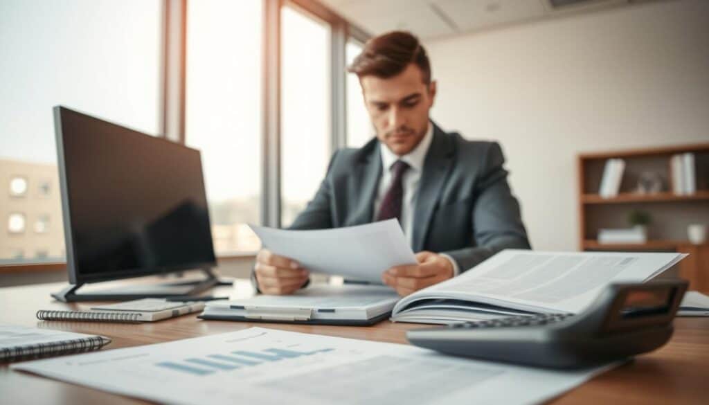A professional office environment showcasing a detailed analysis of insurance valuation criteria. In the foreground, a well-organized desk features financial documents, charts, and a calculator, symbolizing the evaluation process. In the middle background, a business professional in formal attire, a focus on their intent expression, is reviewing the documents, representing expertise and diligence in the insurance field. The background displays a large window with soft, natural light streaming in, creating a calm and focused atmosphere. The lens angle should capture both the depth of the desk setup and the reflective professionalism of the individual. The overall mood is serious yet insightful, highlighting the importance of criteria in insurance valuation. A professional office environment showcasing a detailed analysis of insurance valuation criteria. In the foreground, a well-organized desk features financial documents, charts, and a calculator, symbolizing the evaluation process. In the middle background, a business professional in formal attire, a focus on their intent expression, is reviewing the documents, representing expertise and diligence in the insurance field. The background displays a large window with soft, natural light streaming in, creating a calm and focused atmosphere. The lens angle should capture both the depth of the desk setup and the reflective professionalism of the individual. The overall mood is serious yet insightful, highlighting the importance of criteria in insurance valuation.
