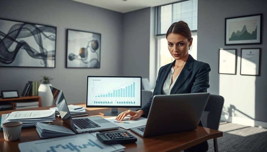 A professional office environment showcasing a financial analysis scene. In the foreground, a confident female analyst in smart business attire is intently reviewing charts displayed on a laptop screen. The middle ground features a desk cluttered with financial documents, graphs illustrating insurance valuations, and a calculator. In the background, a large window allows natural light to flood the room, casting soft shadows. The walls are adorned with abstract financial art and certificates, conveying a sense of authority and expertise. The atmosphere is analytical and focused, with a muted color palette of blues and grays, suggesting a serious examination of discrepancies in insurance valuations. The image composition should highlight the contrast between the analyst's engaged expression and the intricate financial data before her.