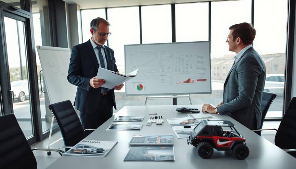 A professional office setting featuring a meeting between an insurance evaluator and a vehicle value expert, clearly discussing the appraisal of specialized vehicles. In the foreground, a well-dressed insurance evaluator, wearing a suit, examines a detailed report on a clipboard. The middle ground showcases a whiteboard filled with graphs and calculations related to vehicle valuations, while a modern conference table displays a variety of specialized vehicle brochures and technical specifications. The background includes large windows allowing natural light to pour in, creating a bright and professional atmosphere. Soft shadows enhance the depth of the scene, with a wide-angle lens perspective capturing the interaction and environment, conveying a mood of analytical discussion and professionalism. A professional office setting featuring a meeting between an insurance evaluator and a vehicle value expert, clearly discussing the appraisal of specialized vehicles. In the foreground, a well-dressed insurance evaluator, wearing a suit, examines a detailed report on a clipboard. The middle ground showcases a whiteboard filled with graphs and calculations related to vehicle valuations, while a modern conference table displays a variety of specialized vehicle brochures and technical specifications. The background includes large windows allowing natural light to pour in, creating a bright and professional atmosphere. Soft shadows enhance the depth of the scene, with a wide-angle lens perspective capturing the interaction and environment, conveying a mood of analytical discussion and professionalism.