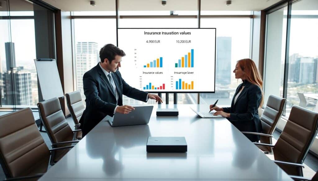 A professional office setting, featuring a sleek conference table and modern chairs, with two groups of business professionals discussing insurance valuations. In the foreground, two individuals in business attire (a man in a tailored suit and a woman in a sophisticated blazer) are comparing documents and pointing at charts on a laptop. In the middle ground, a presentation screen displays a clear, visually appealing comparison of two insurance values: 4,900 EUR vs 10,200 EUR, represented through easy-to-read graphs. The background showcases a city skyline through large windows, with natural daylight pouring in, creating a vibrant and professional atmosphere. The mood is focused and collaborative, highlighting analytical discussion in the realm of insurance. A professional office setting, featuring a sleek conference table and modern chairs, with two groups of business professionals discussing insurance valuations. In the foreground, two individuals in business attire (a man in a tailored suit and a woman in a sophisticated blazer) are comparing documents and pointing at charts on a laptop. In the middle ground, a presentation screen displays a clear, visually appealing comparison of two insurance values: 4,900 EUR vs 10,200 EUR, represented through easy-to-read graphs. The background showcases a city skyline through large windows, with natural daylight pouring in, creating a vibrant and professional atmosphere. The mood is focused and collaborative, highlighting analytical discussion in the realm of insurance.
