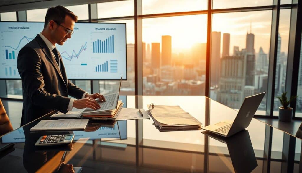 A professional office setting focused on the insurance valuation process. In the foreground, a well-dressed financial analyst examines documents on a sleek glass desk, using a laptop to analyze data, with a calculator and charts scattered around. The middle ground features a large screen displaying graphs and numerical data related to insurance valuations, creating a modern, analytical atmosphere. In the background, a wall of glass showcases a city skyline, bathed in natural daylight, enhancing the professional environment. The scene is well-lit with soft, warm lighting that gives a sense of focus and clarity. The overall mood is serious but optimistic, emphasizing the importance of accurate insurance assessment. A professional office setting focused on the insurance valuation process. In the foreground, a well-dressed financial analyst examines documents on a sleek glass desk, using a laptop to analyze data, with a calculator and charts scattered around. The middle ground features a large screen displaying graphs and numerical data related to insurance valuations, creating a modern, analytical atmosphere. In the background, a wall of glass showcases a city skyline, bathed in natural daylight, enhancing the professional environment. The scene is well-lit with soft, warm lighting that gives a sense of focus and clarity. The overall mood is serious but optimistic, emphasizing the importance of accurate insurance assessment.