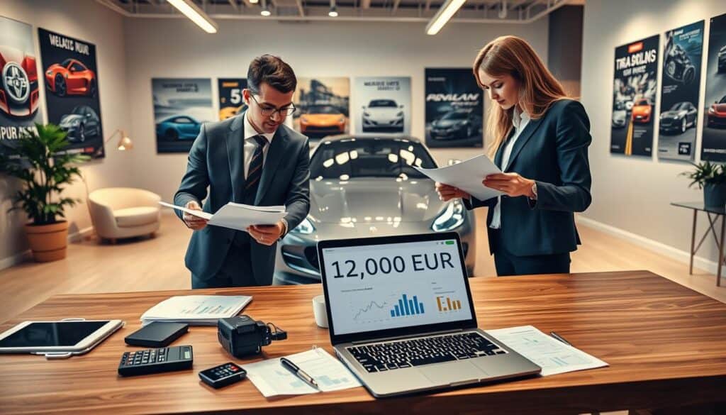 A professional office setting showcasing a meticulous automotive valuation process. In the foreground, a well-dressed male and female appraiser, wearing business attire, are collaboratively reviewing documents on a sleek wooden desk. They are surrounded by digital devices, calculators, and an open laptop displaying graphs and charts. The middle ground features a polished luxury car, symbolizing the high valuation of 12,000 EUR by MOTOEXPERT, with bright lighting accentuating its design. In the background, a contemporary office space with soft, warm lighting creates a welcoming atmosphere, filled with motivational automotive posters on the walls. The overall mood is focused and professional, emphasizing clarity and insight into the valuation process.