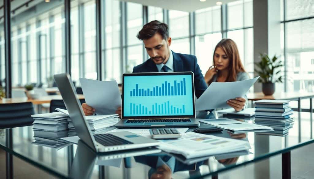 A professional office setting with a focus on insurance calculations, prominently featuring a sleek glass desk with a laptop displaying financial graphs. In the foreground, a man and woman in formal business attire analyze documents and data, symbolizing the impact of local regulations on insurance valuations. The middle layer includes stacks of paperwork and a calculator, while the background showcases a modern office with large windows allowing natural light to fill the space, creating a bright and focused atmosphere. The mood is serious yet collaborative, emphasizing the intricacies of the insurance valuation process. The scene is captured with a soft focus, drawing attention to the subjects and their work.