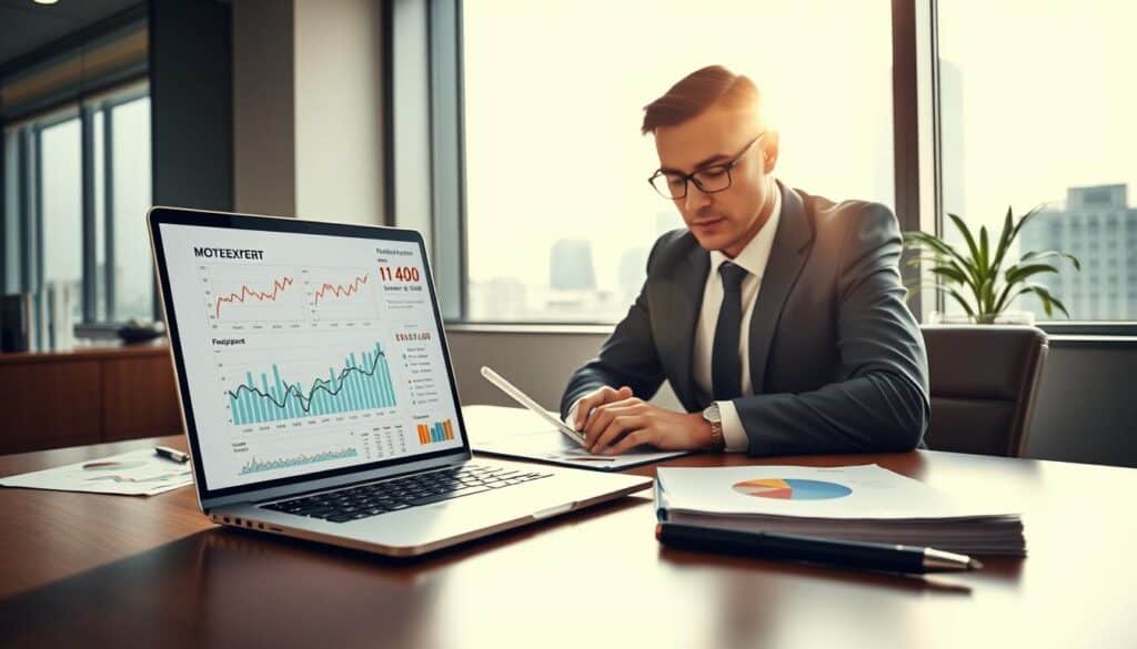 A professional office setting with a modern desk in the foreground, showcasing a sleek laptop displaying statistical graphs and financial reports related to MOTOEXPERT's valuation of 11,400 EUR. In the middle, place a focused business professional in formal attire, examining the documents with a look of determination. Around them, include charts and analysis papers scattered across the table. In the background, a large window lets in natural sunlight, illuminating the space and giving it an encouraging atmosphere, with the city skyline visible. Use soft, diffused lighting to create a warm ambiance, capturing the seriousness of the subject while maintaining an inviting and motivational feel. The angle should be slightly elevated and centered to encapsulate the tension between data analysis and decision-making. A professional office setting with a modern desk in the foreground, showcasing a sleek laptop displaying statistical graphs and financial reports related to MOTOEXPERT's valuation of 11,400 EUR. In the middle, place a focused business professional in formal attire, examining the documents with a look of determination. Around them, include charts and analysis papers scattered across the table. In the background, a large window lets in natural sunlight, illuminating the space and giving it an encouraging atmosphere, with the city skyline visible. Use soft, diffused lighting to create a warm ambiance, capturing the seriousness of the subject while maintaining an inviting and motivational feel. The angle should be slightly elevated and centered to encapsulate the tension between data analysis and decision-making.