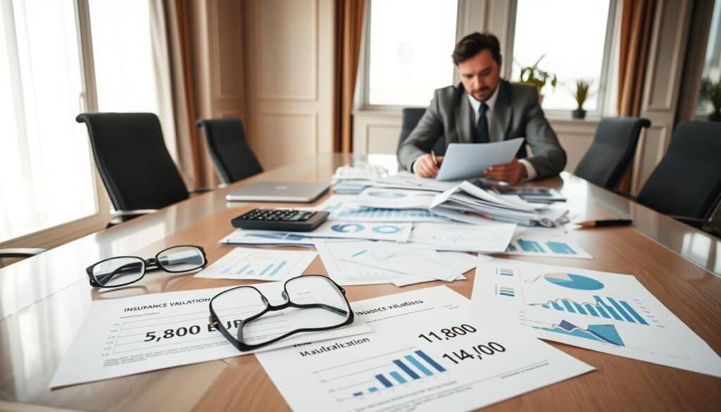 A professional setting depicting a detailed analysis of insurance valuations. In the foreground, a sleek, modern conference table with scattered documents showing comparison charts of "6,800 EUR" versus "14,200 EUR." A pair of glasses and a calculator are placed on a document, signaling intensive analysis. In the middle, a serious business analyst, dressed in a tailored suit, studying financial graphs on a laptop. Various financial reports and charts spread out on the table illustrate differing valuation methodologies. The background shows an elegant office environment with large windows allowing soft, natural light to filter in, casting a bright yet professional atmosphere. The overall mood is analytical and focused, emphasizing the importance of accurate valuation in the insurance industry. A professional setting depicting a detailed analysis of insurance valuations. In the foreground, a sleek, modern conference table with scattered documents showing comparison charts of "6,800 EUR" versus "14,200 EUR." A pair of glasses and a calculator are placed on a document, signaling intensive analysis. In the middle, a serious business analyst, dressed in a tailored suit, studying financial graphs on a laptop. Various financial reports and charts spread out on the table illustrate differing valuation methodologies. The background shows an elegant office environment with large windows allowing soft, natural light to filter in, casting a bright yet professional atmosphere. The overall mood is analytical and focused, emphasizing the importance of accurate valuation in the insurance industry.