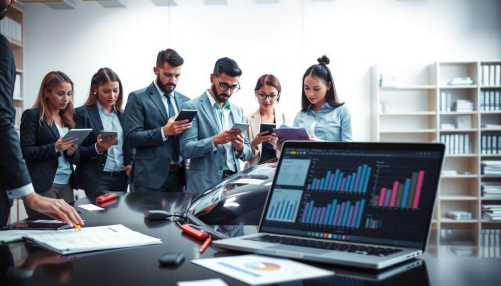 A professional setting depicting an insurance assessment scene focused on damage evaluation. In the foreground, a diverse group of five professionals in business attire deeply analyzing a car's scuffed exterior, using measuring tools and tablets. In the middle ground, a sleek desk with documents and a laptop displaying graphs and data points related to property damage and valuation. In the background, a blurred office with bright lighting and shelves filled with insurance policy books, enhancing a sense of professionalism and expertise. The mood is focused and analytical, capturing the essence of assessing and increasing damage valuation. The lighting is bright and natural, suggesting a productive work atmosphere, with a camera angle slightly angled downward to emphasize the professionals at work. A professional setting depicting an insurance assessment scene focused on damage evaluation. In the foreground, a diverse group of five professionals in business attire deeply analyzing a car's scuffed exterior, using measuring tools and tablets. In the middle ground, a sleek desk with documents and a laptop displaying graphs and data points related to property damage and valuation. In the background, a blurred office with bright lighting and shelves filled with insurance policy books, enhancing a sense of professionalism and expertise. The mood is focused and analytical, capturing the essence of assessing and increasing damage valuation. The lighting is bright and natural, suggesting a productive work atmosphere, with a camera angle slightly angled downward to emphasize the professionals at work.