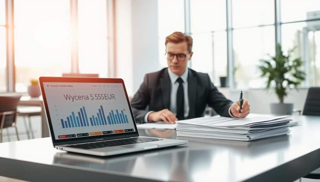 A professional setting featuring a financial analyst in a business suit, engaged in a detailed examination of insurance valuation documents displayed on a sleek, modern desk. In the foreground, a laptop exhibits graphs and numerical data boards. The middle ground presents a stack of paperwork labeled "Wycena 5 555 EUR" prominently highlighted. The background showcases a well-lit office environment with large windows letting in natural light, enhancing the atmosphere of focus and analysis. The lighting is bright and even, creating a feeling of transparency and clarity. Use a wide-angle lens to capture the depth of the scene, suggesting an insightful analysis in progress. The overall mood is serious, analytical, and professional. A professional setting featuring a financial analyst in a business suit, engaged in a detailed examination of insurance valuation documents displayed on a sleek, modern desk. In the foreground, a laptop exhibits graphs and numerical data boards. The middle ground presents a stack of paperwork labeled "Wycena 5 555 EUR" prominently highlighted. The background showcases a well-lit office environment with large windows letting in natural light, enhancing the atmosphere of focus and analysis. The lighting is bright and even, creating a feeling of transparency and clarity. Use a wide-angle lens to capture the depth of the scene, suggesting an insightful analysis in progress. The overall mood is serious, analytical, and professional.