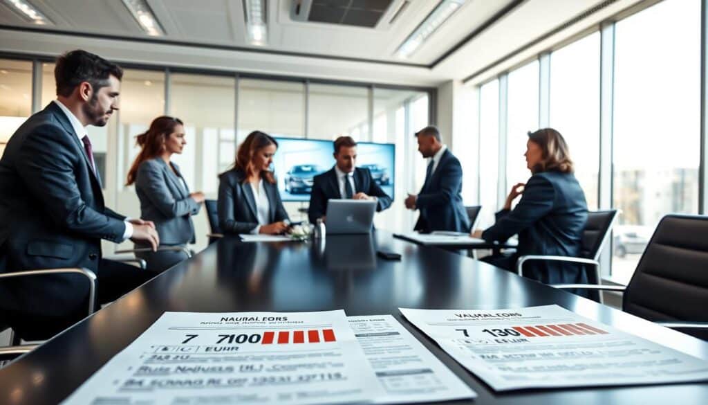 A professional setting illustrating the concept of German valuation systems in insurance. In the foreground, depict a business conference table with detailed documents and charts showing valuation figures: 7,100 EUR vs 13,500 EUR. Midground should include a group of well-dressed individuals in formal business attire, engaged in a discussion, analyzing the data on digital screens. The background features a sleek, modern office with large windows letting in natural light, providing a bright atmosphere. Use a wide-angle lens to capture the collaborative environment. The overall mood is analytical and focused, emphasizing professionalism and expertise in automotive valuation standards in Germany. A professional setting illustrating the concept of German valuation systems in insurance. In the foreground, depict a business conference table with detailed documents and charts showing valuation figures: 7,100 EUR vs 13,500 EUR. Midground should include a group of well-dressed individuals in formal business attire, engaged in a discussion, analyzing the data on digital screens. The background features a sleek, modern office with large windows letting in natural light, providing a bright atmosphere. Use a wide-angle lens to capture the collaborative environment. The overall mood is analytical and focused, emphasizing professionalism and expertise in automotive valuation standards in Germany.