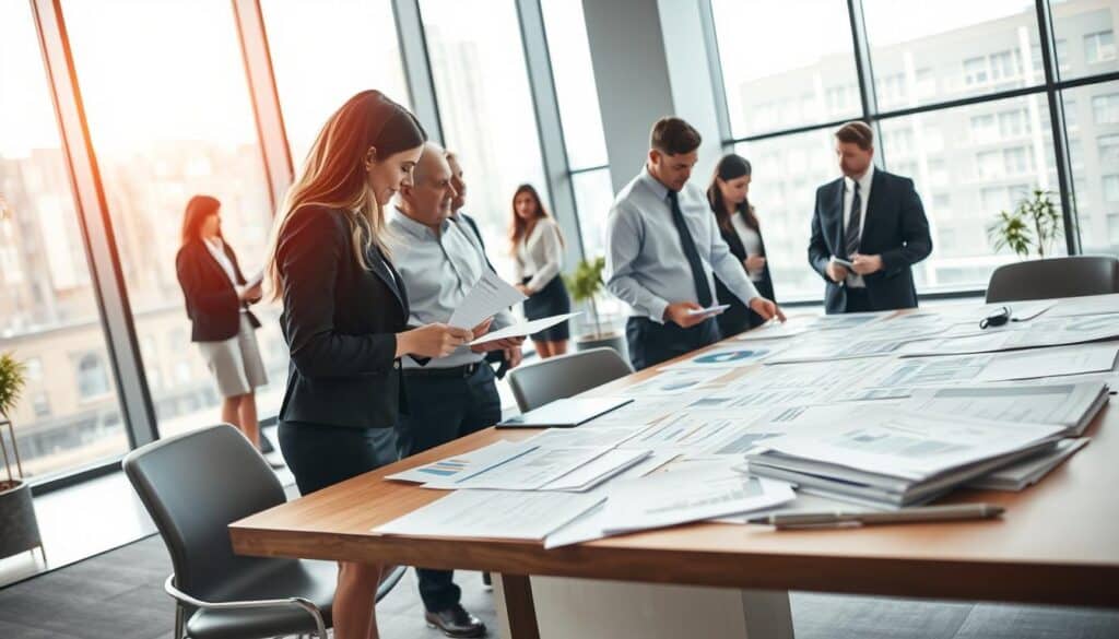 A professional setting illustrating the theme of "avoiding pitfalls in the valuation process." In the foreground, a diverse group of professionals in business attire, including a woman analyzing documents and a man discussing strategies. In the middle ground, a large table covered with charts, graphs, and valuation reports, representing complex data analysis. The background features a modern office environment with large windows letting in soft, natural light, reflecting a collaborative atmosphere. The overall mood is focused and determined, with warm tones to evoke a sense of thorough examination and caution. The angle is a slightly elevated view capturing the dynamic interaction among the professionals and the detailed documents on the table.