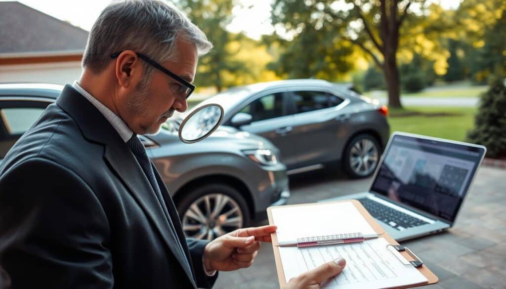 A professional setting showcasing a MOTOEXPERT appraiser analyzing a vehicle's condition. In the foreground, a focused middle-aged male appraiser in smart business attire examines the car with a magnifying glass, reflecting meticulous attention to detail. The vehicle is parked on a well-kept driveway, displaying slight wear that highlights the scrutiny of the appraisal process. In the middle background, there’s a clipboard filled with valuation notes and a laptop displaying data, symbolizing thorough analysis and modern technology use. The soft afternoon sunlight filters through nearby trees, creating a calm and professional atmosphere. The angle captures both the appraiser and the vehicle, emphasizing the expertise involved in determining the vehicle's worth, with no distractions like text or logos in the image.