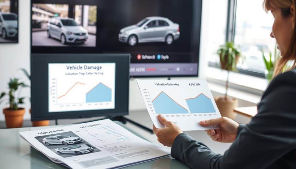 A professional vehicle damage assessment scene in a well-lit office environment. In the foreground, a female insurance adjuster in a tailored business suit is examining a detailed vehicle inspection report on her desk, which contains images and diagrams of a damaged car. In the middle ground, a large screen displays comparison graphs illustrating two different valuation estimates: 4,700 EUR and 9,900 EUR, highlighting the discrepancies with clear visuals. The background features a modern office setup with potted plants and a window showing a cityscape. The lighting is soft but bright, creating a professional and focused atmosphere. A slight depth of field effect blurs the background slightly to emphasize the adjuster and the report. A professional vehicle damage assessment scene in a well-lit office environment. In the foreground, a female insurance adjuster in a tailored business suit is examining a detailed vehicle inspection report on her desk, which contains images and diagrams of a damaged car. In the middle ground, a large screen displays comparison graphs illustrating two different valuation estimates: 4,700 EUR and 9,900 EUR, highlighting the discrepancies with clear visuals. The background features a modern office setup with potted plants and a window showing a cityscape. The lighting is soft but bright, creating a professional and focused atmosphere. A slight depth of field effect blurs the background slightly to emphasize the adjuster and the report.