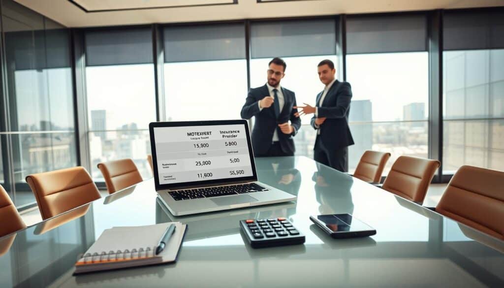 A sleek, professional meeting space featuring a modern glass conference table. In the foreground, an elegant laptop displaying a detailed comparison chart of "MOTOEXPERT 11,800 EUR" and "Insurance Provider 5,900 EUR". Next to it, a notepad with financial notes and a calculator, emphasizing thorough analysis. In the middle, two business professionals dressed in smart attire engaged in a serious discussion, pointing towards the laptop screen. The backdrop showcases a large window with cityscape views and natural daylight streaming in, creating a bright and focused atmosphere. The lighting is warm and inviting, capturing the importance of decision-making in choosing between MOTOEXPERT and traditional insurers. The camera angle is slightly above eye level, providing a dynamic perspective of the interaction. A sleek, professional meeting space featuring a modern glass conference table. In the foreground, an elegant laptop displaying a detailed comparison chart of "MOTOEXPERT 11,800 EUR" and "Insurance Provider 5,900 EUR". Next to it, a notepad with financial notes and a calculator, emphasizing thorough analysis. In the middle, two business professionals dressed in smart attire engaged in a serious discussion, pointing towards the laptop screen. The backdrop showcases a large window with cityscape views and natural daylight streaming in, creating a bright and focused atmosphere. The lighting is warm and inviting, capturing the importance of decision-making in choosing between MOTOEXPERT and traditional insurers. The camera angle is slightly above eye level, providing a dynamic perspective of the interaction.