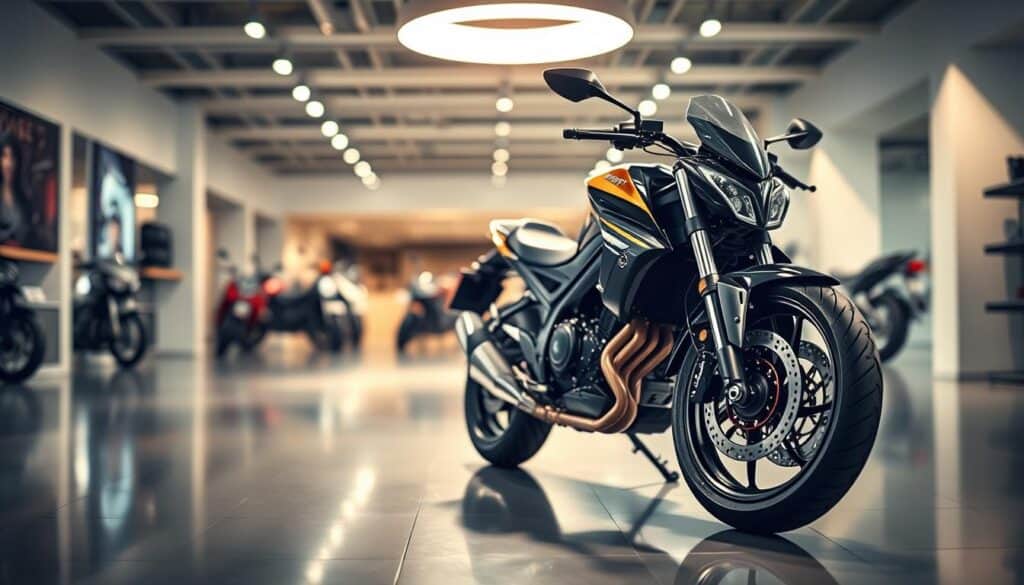 A striking image of a motorcycle display showcasing the MOTOEXPERT model priced at 13,500 EUR. In the foreground, the sleek motorcycle gleams under bright, ambient lighting that highlights its polished details and modern design. The bike is set against a blurred background of a motorcycle showroom, featuring clean lines and a minimalist aesthetic. Soft reflections on the showroom floor enhance the sense of depth, while an overhead spotlight casts a warm glow, emphasizing the motorcycle’s curves and colors. The atmosphere is professional and inviting, suggesting luxury and high-quality craftsmanship. The scene captures a mood of excitement and aspiration for motorcycle enthusiasts. A striking image of a motorcycle display showcasing the MOTOEXPERT model priced at 13,500 EUR. In the foreground, the sleek motorcycle gleams under bright, ambient lighting that highlights its polished details and modern design. The bike is set against a blurred background of a motorcycle showroom, featuring clean lines and a minimalist aesthetic. Soft reflections on the showroom floor enhance the sense of depth, while an overhead spotlight casts a warm glow, emphasizing the motorcycle’s curves and colors. The atmosphere is professional and inviting, suggesting luxury and high-quality craftsmanship. The scene captures a mood of excitement and aspiration for motorcycle enthusiasts.