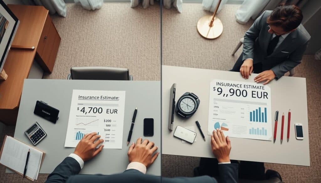 A visually engaging comparison of two insurance estimates, showcasing a divided screen. On the left, an elegant office desk with a clear document titled "Insurance Estimate: 4,700 EUR" displayed prominently, accompanied by a calculator, graphs, and charts illustrating costs. On the right, another well-organized desk featuring a document labeled "Insurance Estimate: 9,900 EUR," with similar financial tools. In the background, a sophisticated office environment with soft lighting that enhances a professional atmosphere. The foreground should feature well-dressed individuals discussing the estimates, contributing to a collaborative mood. Shot from a slight overhead angle to capture all elements clearly, with a neutral color palette emphasizing professionalism and clarity. A visually engaging comparison of two insurance estimates, showcasing a divided screen. On the left, an elegant office desk with a clear document titled "Insurance Estimate: 4,700 EUR" displayed prominently, accompanied by a calculator, graphs, and charts illustrating costs. On the right, another well-organized desk featuring a document labeled "Insurance Estimate: 9,900 EUR," with similar financial tools. In the background, a sophisticated office environment with soft lighting that enhances a professional atmosphere. The foreground should feature well-dressed individuals discussing the estimates, contributing to a collaborative mood. Shot from a slight overhead angle to capture all elements clearly, with a neutral color palette emphasizing professionalism and clarity.
