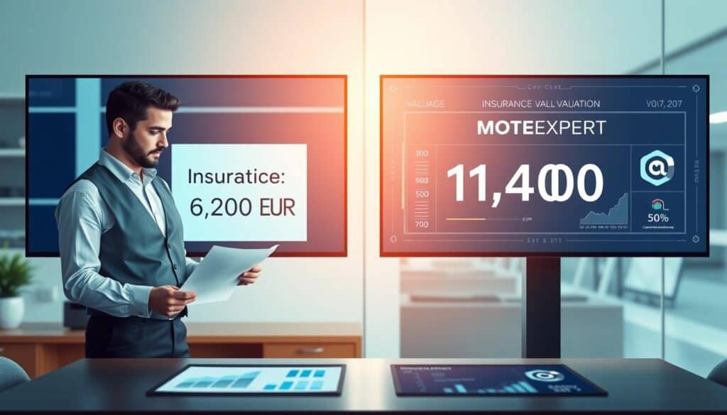 A vivid comparison illustration featuring two digital panels. On the left, depict a professional-looking insurance adjuster in business attire, analyzing a document labeled "Insurance Valuation: 6,200 EUR," standing in front of a modern office backdrop. On the right, portray a sleek digital interface showcasing "MOTOEXPERT Valuation: 11,400 EUR," with eye-catching graphics and charts, set against a tech-inspired environment. The foreground should include a table with graphs and charts contrasting the valuations. Soft, neutral lighting creates a balanced atmosphere, emphasizing a sense of professionalism and clarity. Capture the scene from a slightly elevated angle to enhance depth, focusing on the comparison of values in a clear, informative manner. A vivid comparison illustration featuring two digital panels. On the left, depict a professional-looking insurance adjuster in business attire, analyzing a document labeled "Insurance Valuation: 6,200 EUR," standing in front of a modern office backdrop. On the right, portray a sleek digital interface showcasing "MOTOEXPERT Valuation: 11,400 EUR," with eye-catching graphics and charts, set against a tech-inspired environment. The foreground should include a table with graphs and charts contrasting the valuations. Soft, neutral lighting creates a balanced atmosphere, emphasizing a sense of professionalism and clarity. Capture the scene from a slightly elevated angle to enhance depth, focusing on the comparison of values in a clear, informative manner.