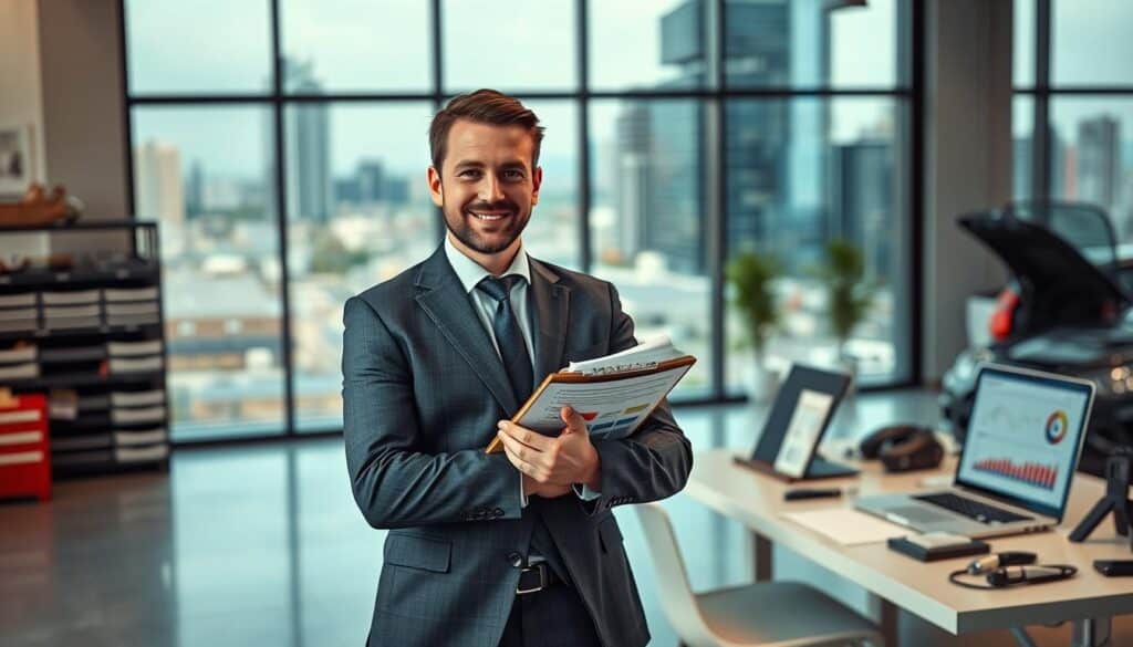 A confident automotive expert, portraying a "rzeczoznawca MOTOEXPERT," stands in a well-lit office environment, exuding professionalism. In the foreground, he wears a tailored business suit, holding a clipboard with detailed inspection reports. His expression is focused yet approachable. The middle ground features a modern desk with automotive tools and a laptop displaying graphs and data analyses. In the background, a large window reveals a bustling cityscape, symbolizing the dynamic automotive industry. Soft, natural light filters through the window, creating a warm and inviting atmosphere. The image captures the essence of expertise and trustworthiness, reflecting the importance of choosing the right appraiser. The angle is a slightly elevated shot, providing a comprehensive view of the expert and the surrounding workspace. A confident automotive expert, portraying a "rzeczoznawca MOTOEXPERT," stands in a well-lit office environment, exuding professionalism. In the foreground, he wears a tailored business suit, holding a clipboard with detailed inspection reports. His expression is focused yet approachable. The middle ground features a modern desk with automotive tools and a laptop displaying graphs and data analyses. In the background, a large window reveals a bustling cityscape, symbolizing the dynamic automotive industry. Soft, natural light filters through the window, creating a warm and inviting atmosphere. The image captures the essence of expertise and trustworthiness, reflecting the importance of choosing the right appraiser. The angle is a slightly elevated shot, providing a comprehensive view of the expert and the surrounding workspace.