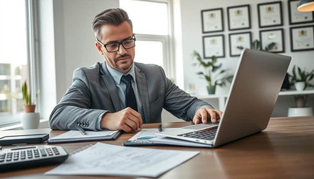 A confident insurance adjuster sitting at a modern office desk, closely examining a digital claim report displayed on a sleek laptop. In the foreground, there's a notepad filled with calculations and annotations, alongside a calculator. The middle ground features the adjuster, a professional in business attire, with a focused expression, illuminated by soft, natural light streaming through a large window. The background showcases a well-organized office with framed certifications on the walls and potted plants, creating an atmosphere of professionalism and trust. The scene conveys a sense of diligence and clarity, highlighting the importance of understanding damage assessments in the insurance industry. A confident insurance adjuster sitting at a modern office desk, closely examining a digital claim report displayed on a sleek laptop. In the foreground, there's a notepad filled with calculations and annotations, alongside a calculator. The middle ground features the adjuster, a professional in business attire, with a focused expression, illuminated by soft, natural light streaming through a large window. The background showcases a well-organized office with framed certifications on the walls and potted plants, creating an atmosphere of professionalism and trust. The scene conveys a sense of diligence and clarity, highlighting the importance of understanding damage assessments in the insurance industry.