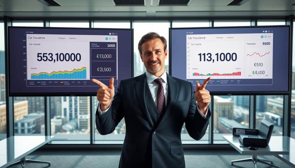A detailed comparison of two distinct car insurance valuations, illustrated through a juxtaposition of two digital screens showcasing graphs and numerical data. In the foreground, a professional business person, dressed in a sharp suit, points at the two screens with a confident expression, eager to highlight the differences. The first screen displays a modest valuation of 6,100 EUR, while the second screen presents a higher value of 13,200 EUR, both enhanced with colorful charts and analytics. In the middle, a sleek office environment with modern furniture and large windows bathing the scene in natural light. The background features a city skyline visible through the glass, giving an impression of professionalism and importance. The atmosphere conveys clarity and insight, ideal for a business analysis context. A detailed comparison of two distinct car insurance valuations, illustrated through a juxtaposition of two digital screens showcasing graphs and numerical data. In the foreground, a professional business person, dressed in a sharp suit, points at the two screens with a confident expression, eager to highlight the differences. The first screen displays a modest valuation of 6,100 EUR, while the second screen presents a higher value of 13,200 EUR, both enhanced with colorful charts and analytics. In the middle, a sleek office environment with modern furniture and large windows bathing the scene in natural light. The background features a city skyline visible through the glass, giving an impression of professionalism and importance. The atmosphere conveys clarity and insight, ideal for a business analysis context.