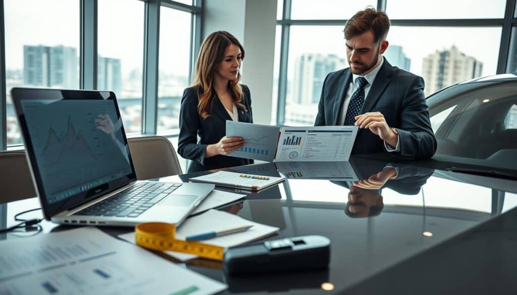 A detailed, professional setting depicting a vehicle valuation process. In the foreground, a sleek, modern office desk cluttered with valuation reports, a laptop displaying graphs, and a measuring tape on a car hood. In the middle, two business professionals, a woman and a man in professional attire, are engaged in a focused discussion, examining a car's specifications on a digital tablet. The background features a large window with natural light streaming in, revealing a cityscape. The overall atmosphere is one of diligent analysis and decision-making, emphasizing the methodologies and calculations involved in vehicle valuation. Soft, diffused lighting enhances the professionalism of the scene, shot from a slightly elevated angle to capture both the individuals and the workspace effectively. A detailed, professional setting depicting a vehicle valuation process. In the foreground, a sleek, modern office desk cluttered with valuation reports, a laptop displaying graphs, and a measuring tape on a car hood. In the middle, two business professionals, a woman and a man in professional attire, are engaged in a focused discussion, examining a car's specifications on a digital tablet. The background features a large window with natural light streaming in, revealing a cityscape. The overall atmosphere is one of diligent analysis and decision-making, emphasizing the methodologies and calculations involved in vehicle valuation. Soft, diffused lighting enhances the professionalism of the scene, shot from a slightly elevated angle to capture both the individuals and the workspace effectively.