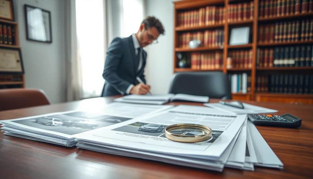 A detailed scene of an insurance damage documentation table. In the foreground, a neatly organized stack of papers showing property damage assessments, including photographs of a car accident and written reports, all laid out on a professional wooden desk. A magnifying glass and a calculator are placed beside the documents. In the middle ground, a focused business professional, dressed in a smart suit, is analyzing the documentation, jotting down notes. The background features a softly lit office environment with bookshelves filled with legal books and diplomas on the walls, creating an atmosphere of credibility and expertise. Natural light streams in through a window, illuminating the serious but analytical mood of the scene. A detailed scene of an insurance damage documentation table. In the foreground, a neatly organized stack of papers showing property damage assessments, including photographs of a car accident and written reports, all laid out on a professional wooden desk. A magnifying glass and a calculator are placed beside the documents. In the middle ground, a focused business professional, dressed in a smart suit, is analyzing the documentation, jotting down notes. The background features a softly lit office environment with bookshelves filled with legal books and diplomas on the walls, creating an atmosphere of credibility and expertise. Natural light streams in through a window, illuminating the serious but analytical mood of the scene.