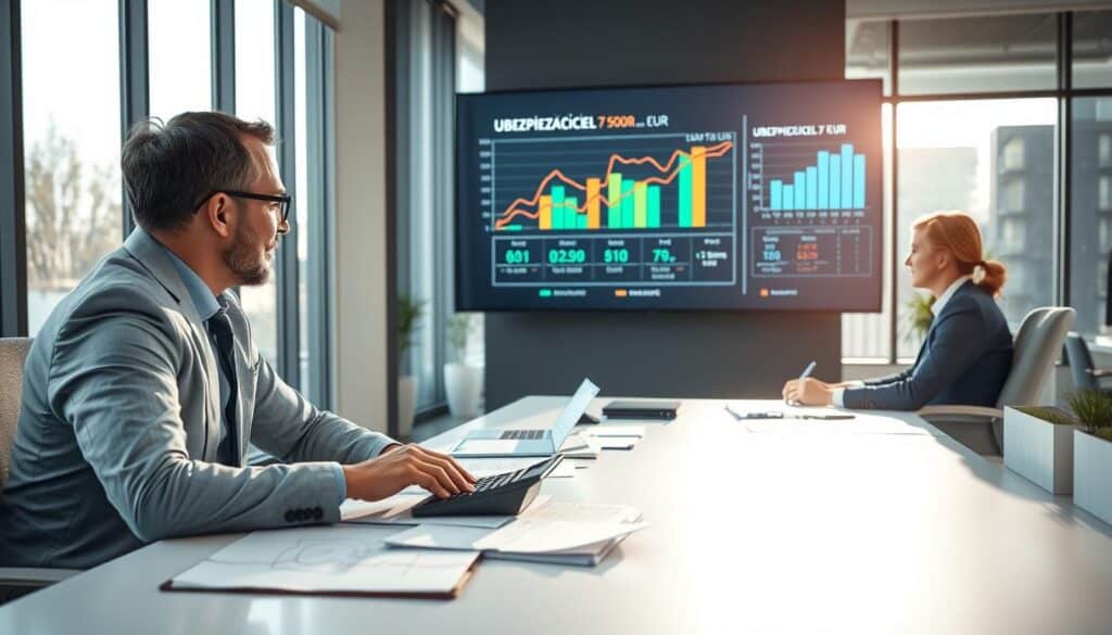 A detailed visualization illustrating the concept of "Ubezpieczyciel 7 500 EUR". The foreground features a professional-looking insurance agent, dressed in business attire, engaging with a customer at a sleek office desk filled with financial documents and a calculator. In the middle ground, a large digital screen displays dynamic graphs and charts comparing different insurance valuations, including "Ubezpieczyciel 7 500 EUR" prominently shown. The background consists of a modern office environment with large windows allowing natural light to flood the space, creating a bright and optimistic atmosphere. The focus is on professionalism and clarity, with a warm yet analytical mood suggested by the lighting. The angle captures their interaction from a slightly high perspective, giving a comprehensive view of the discussion. A detailed visualization illustrating the concept of "Ubezpieczyciel 7 500 EUR". The foreground features a professional-looking insurance agent, dressed in business attire, engaging with a customer at a sleek office desk filled with financial documents and a calculator. In the middle ground, a large digital screen displays dynamic graphs and charts comparing different insurance valuations, including "Ubezpieczyciel 7 500 EUR" prominently shown. The background consists of a modern office environment with large windows allowing natural light to flood the space, creating a bright and optimistic atmosphere. The focus is on professionalism and clarity, with a warm yet analytical mood suggested by the lighting. The angle captures their interaction from a slightly high perspective, giving a comprehensive view of the discussion.