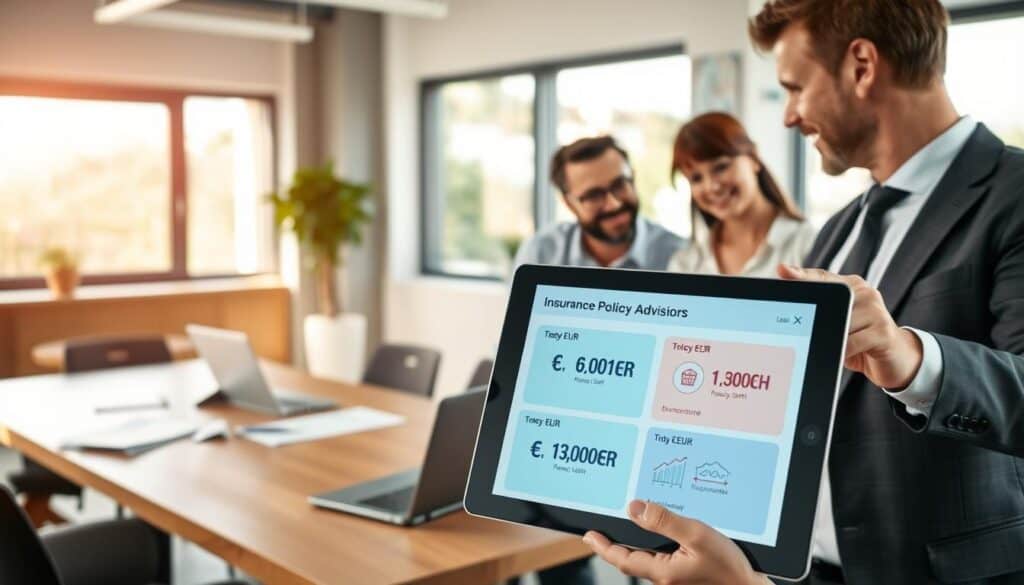 A dynamic image showcasing a professional insurance advisor discussing policy options with a couple in a modern office setting. In the foreground, the advisor, a middle-aged individual in business attire, gestures toward an infographic displayed on a sleek tablet, illustrating insurance policy options priced at 6,100 EUR and 13,200 EUR. The couple, dressed in smart casual attire, appears thoughtful, evaluating their choices. In the middle ground, a wooden conference table is cluttered with insurance brochures and a laptop. The background features large windows allowing natural light to flood the room, creating a warm, inviting atmosphere. Soft lighting enhances the focus on the characters, capturing their earnest expressions as they navigate their purchasing decisions. The image conveys a sense of professionalism and engagement in financial planning. A dynamic image showcasing a professional insurance advisor discussing policy options with a couple in a modern office setting. In the foreground, the advisor, a middle-aged individual in business attire, gestures toward an infographic displayed on a sleek tablet, illustrating insurance policy options priced at 6,100 EUR and 13,200 EUR. The couple, dressed in smart casual attire, appears thoughtful, evaluating their choices. In the middle ground, a wooden conference table is cluttered with insurance brochures and a laptop. The background features large windows allowing natural light to flood the room, creating a warm, inviting atmosphere. Soft lighting enhances the focus on the characters, capturing their earnest expressions as they navigate their purchasing decisions. The image conveys a sense of professionalism and engagement in financial planning.