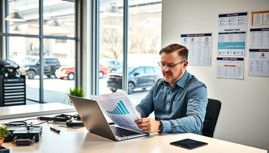 A focused and professional scene depicting a MOTOEXPERT automotive valuation expert in a well-lit office environment. The foreground features a middle-aged man wearing smart casual attire, examining a car valuation report on a sleek modern desk. He has an analytical expression, surrounded by automotive tools and a laptop displaying graphs and data. In the middle ground, a large window allows natural light to flood the room, revealing a clear view of parked vehicles outside, indicating an auto service area. The background showcases detailed charts and certificates related to vehicle pricing and evaluations, emphasizing expertise. The overall atmosphere conveys professionalism and trust, with a warm color palette enhancing the welcoming feel of the space. A focused and professional scene depicting a MOTOEXPERT automotive valuation expert in a well-lit office environment. The foreground features a middle-aged man wearing smart casual attire, examining a car valuation report on a sleek modern desk. He has an analytical expression, surrounded by automotive tools and a laptop displaying graphs and data. In the middle ground, a large window allows natural light to flood the room, revealing a clear view of parked vehicles outside, indicating an auto service area. The background showcases detailed charts and certificates related to vehicle pricing and evaluations, emphasizing expertise. The overall atmosphere conveys professionalism and trust, with a warm color palette enhancing the welcoming feel of the space.