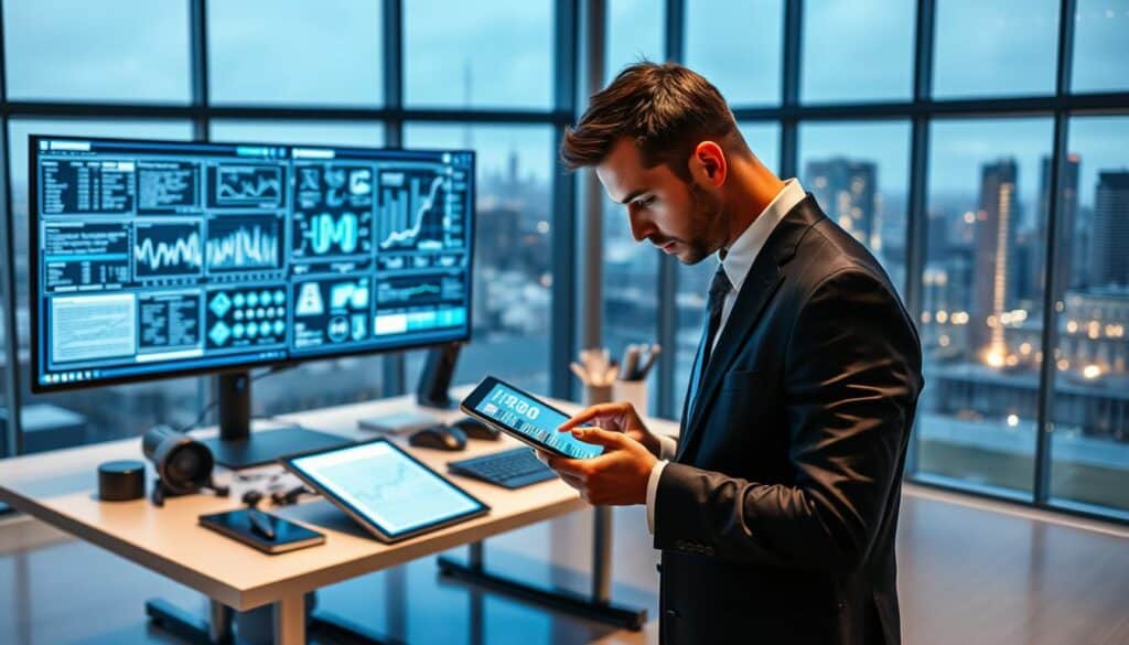 A modern insurance valuation office with advanced technology at its core. In the foreground, a professional businessperson in formal attire is analyzing data on a sleek tablet, with graphs and charts displayed prominently. In the middle, a high-tech workstation features dual monitors showcasing complex algorithms and insurance valuation models, alongside digital tools symbolizing the future of insurance technology. The mood is one of innovation and efficiency, with soft blue lighting enhancing a sophisticated atmosphere. The background includes a large glass window revealing a city skyline, implying a thriving urban environment. The angle is slightly elevated, providing a comprehensive view of the scene, emphasizing the interplay between technology and finance in the insurance industry. A modern insurance valuation office with advanced technology at its core. In the foreground, a professional businessperson in formal attire is analyzing data on a sleek tablet, with graphs and charts displayed prominently. In the middle, a high-tech workstation features dual monitors showcasing complex algorithms and insurance valuation models, alongside digital tools symbolizing the future of insurance technology. The mood is one of innovation and efficiency, with soft blue lighting enhancing a sophisticated atmosphere. The background includes a large glass window revealing a city skyline, implying a thriving urban environment. The angle is slightly elevated, providing a comprehensive view of the scene, emphasizing the interplay between technology and finance in the insurance industry.