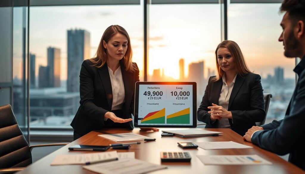 A modern office setting where a team of three professionals is engaged in a discussion about car insurance valuations, specifically contrasting two figures: 4,900 EUR and 10,200 EUR. In the foreground, a confident businesswoman in smart attire gestures toward a digital tablet displaying a colorful infographic that highlights the differences in insurance quotes. The middle ground features a conference table with documents and calculators scattered about, while in the background, large windows reveal a city skyline bathed in warm sunset light, creating an inviting atmosphere. The mood is focused yet collaborative, conveying the importance of understanding the financial implications of car insurance evaluations for clients. Use a slight overhead angle to capture the scene cohesively. A modern office setting where a team of three professionals is engaged in a discussion about car insurance valuations, specifically contrasting two figures: 4,900 EUR and 10,200 EUR. In the foreground, a confident businesswoman in smart attire gestures toward a digital tablet displaying a colorful infographic that highlights the differences in insurance quotes. The middle ground features a conference table with documents and calculators scattered about, while in the background, large windows reveal a city skyline bathed in warm sunset light, creating an inviting atmosphere. The mood is focused yet collaborative, conveying the importance of understanding the financial implications of car insurance evaluations for clients. Use a slight overhead angle to capture the scene cohesively.