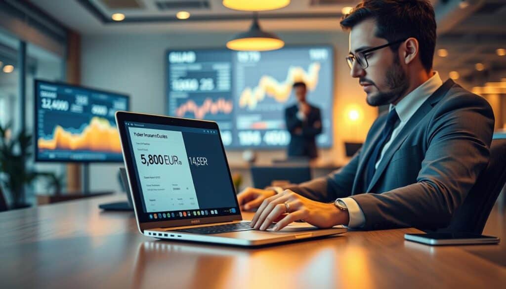 A modern online insurance broker's office featuring a sleek desk with a high-end laptop displaying simulation data. In the foreground, a professional business analyst in smart attire is intently examining two contrasting insurance quotes on the screen, one prominently marked 6,800 EUR and the other 14,200 EUR. In the bustling middle ground, financial graphs and charts are displayed on a digital screen behind them, illustrating trends and comparisons. The background showcases a well-lit, contemporary workspace with subtle hints of digital technology, creating a dynamic and engaging atmosphere. Use warm, inviting lighting to evoke a sense of professionalism and focus, all captured from a slightly elevated angle to emphasize the intense working environment. A modern online insurance broker's office featuring a sleek desk with a high-end laptop displaying simulation data. In the foreground, a professional business analyst in smart attire is intently examining two contrasting insurance quotes on the screen, one prominently marked 6,800 EUR and the other 14,200 EUR. In the bustling middle ground, financial graphs and charts are displayed on a digital screen behind them, illustrating trends and comparisons. The background showcases a well-lit, contemporary workspace with subtle hints of digital technology, creating a dynamic and engaging atmosphere. Use warm, inviting lighting to evoke a sense of professionalism and focus, all captured from a slightly elevated angle to emphasize the intense working environment.