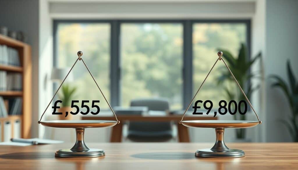 A professional and engaging illustration comparing insurance valuation, showcasing two distinct sums: €5,555 and €9,800. In the foreground, present two stylized balance scales, one on each side, elegantly marked with the respective amounts. The middle ground features a simple but sophisticated office environment, with a wooden desk and financial documents scattered about. In the background, display a large window allowing soft, natural light to flood the scene, creating a warm and inviting atmosphere. Use a shallow depth of field to emphasize the scales while the background softly blurs. Aim for a clean, polished, and analytical mood, suitable for a professional article on insurance valuation. No text, logos, or watermarks in the image. A professional and engaging illustration comparing insurance valuation, showcasing two distinct sums: €5,555 and €9,800. In the foreground, present two stylized balance scales, one on each side, elegantly marked with the respective amounts. The middle ground features a simple but sophisticated office environment, with a wooden desk and financial documents scattered about. In the background, display a large window allowing soft, natural light to flood the scene, creating a warm and inviting atmosphere. Use a shallow depth of field to emphasize the scales while the background softly blurs. Aim for a clean, polished, and analytical mood, suitable for a professional article on insurance valuation. No text, logos, or watermarks in the image.