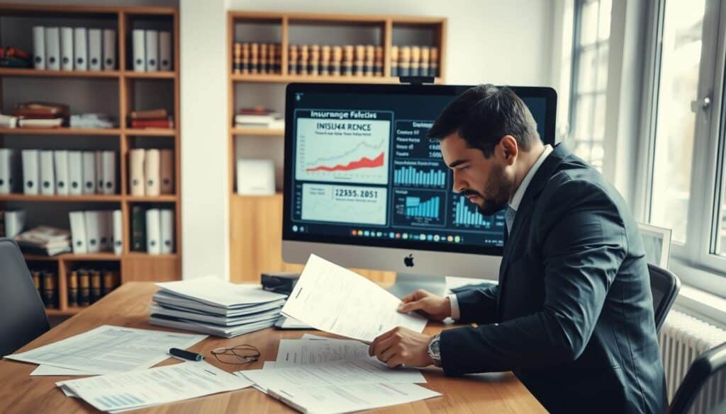 A professional and focused scene depicting the insurance valuation process. In the foreground, a confident insurance adjuster in a smart business suit examines documents on a desk, surrounded by financial reports and evaluation tools. The middle layer features a large computer screen displaying complex graphs and figures related to damage assessments, hinting at a comparison between varied insurance estimates. In the background, a well-organized office environment with shelves filled with insurance policies and legal books creates an atmosphere of professionalism. Soft, natural lighting streams through a window, lending a calm, analytical mood to the setting. The camera angle is slightly elevated, providing an overview of the workspace, subtly emphasizing the importance of accuracy in insurance valuations. A professional and focused scene depicting the insurance valuation process. In the foreground, a confident insurance adjuster in a smart business suit examines documents on a desk, surrounded by financial reports and evaluation tools. The middle layer features a large computer screen displaying complex graphs and figures related to damage assessments, hinting at a comparison between varied insurance estimates. In the background, a well-organized office environment with shelves filled with insurance policies and legal books creates an atmosphere of professionalism. Soft, natural lighting streams through a window, lending a calm, analytical mood to the setting. The camera angle is slightly elevated, providing an overview of the workspace, subtly emphasizing the importance of accuracy in insurance valuations.