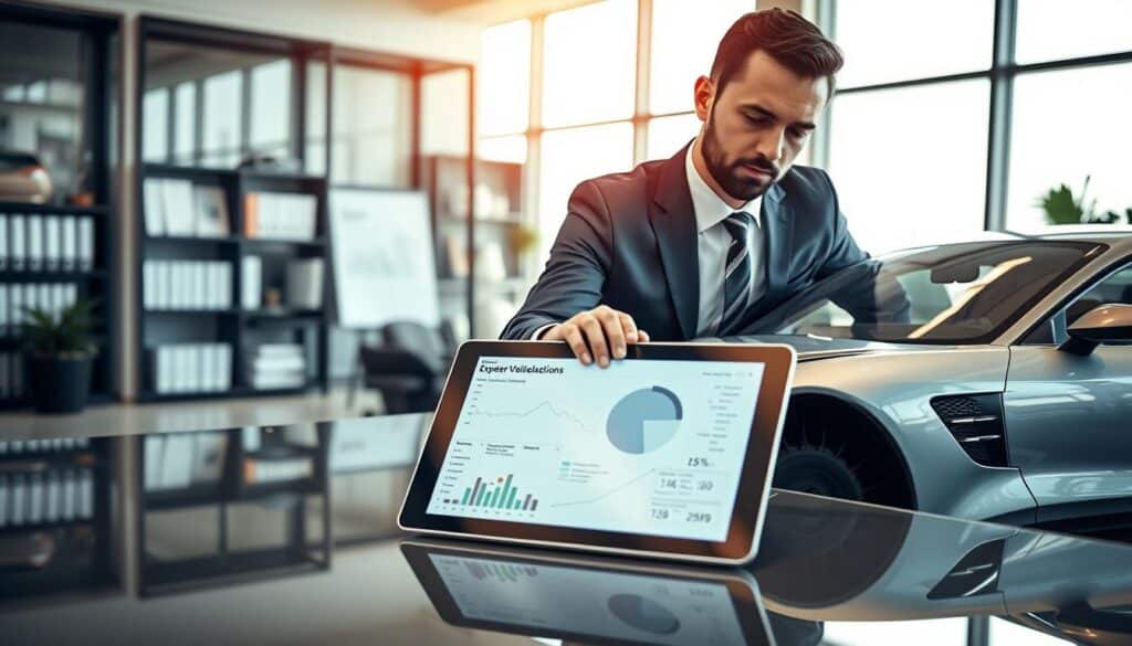 A professional and modern auto expert's office setting, showcasing a confident auto appraiser (male, mid-30s, dressed in a formal business suit) examining a sleek, luxury car model with precision tools on a polished desk. The foreground features a modern digital tablet displaying intricate data about car valuations. In the midground, large windows let in natural light, highlighting the sleek design of the office, with automotive charts and bookshelves filled with reference materials. The background presents a stylish, contemporary office décor with hints of automotive design elements. The atmosphere conveys professionalism, trustworthiness, and expertise, creating a sense of high standards in car appraisal. Soft, bright lighting enhances the clarity and focus on the appraiser's diligent work. A professional and modern auto expert's office setting, showcasing a confident auto appraiser (male, mid-30s, dressed in a formal business suit) examining a sleek, luxury car model with precision tools on a polished desk. The foreground features a modern digital tablet displaying intricate data about car valuations. In the midground, large windows let in natural light, highlighting the sleek design of the office, with automotive charts and bookshelves filled with reference materials. The background presents a stylish, contemporary office décor with hints of automotive design elements. The atmosphere conveys professionalism, trustworthiness, and expertise, creating a sense of high standards in car appraisal. Soft, bright lighting enhances the clarity and focus on the appraiser's diligent work.